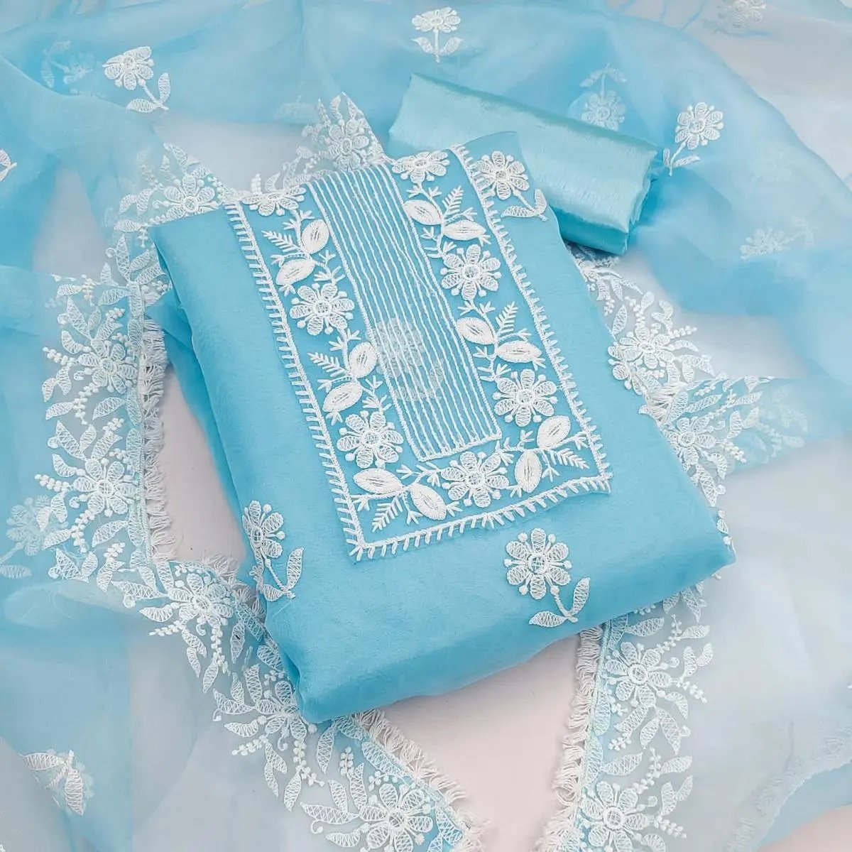 Indian Unstitched Organza Tissu Shalwar Kamiz Four Piece Party Dress For Women (4 Piece)